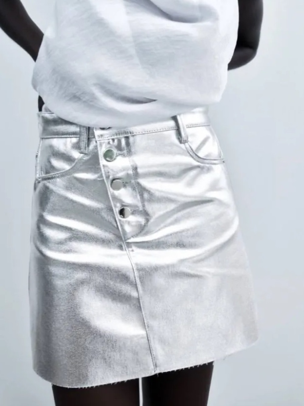 Zara Silver Metallic Denim Mini Skirt Sz XS